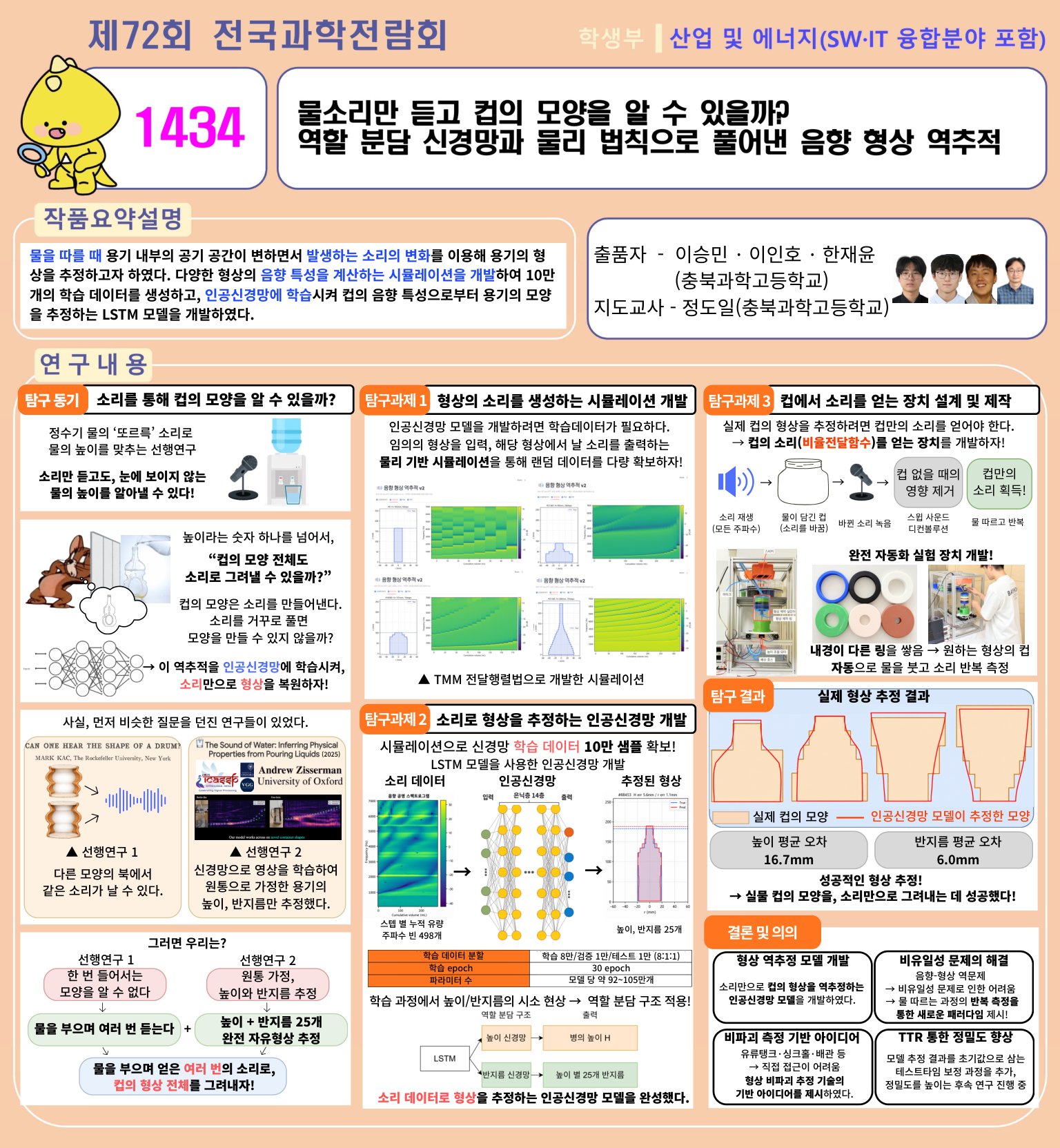 제72회 전국과학전람회 1434 전시 차트: 물소리만 듣고 컵의 모양을 알 수 있을까? — 역할 분담 신경망과 물리 법칙으로 풀어낸 음향 형상 역추적